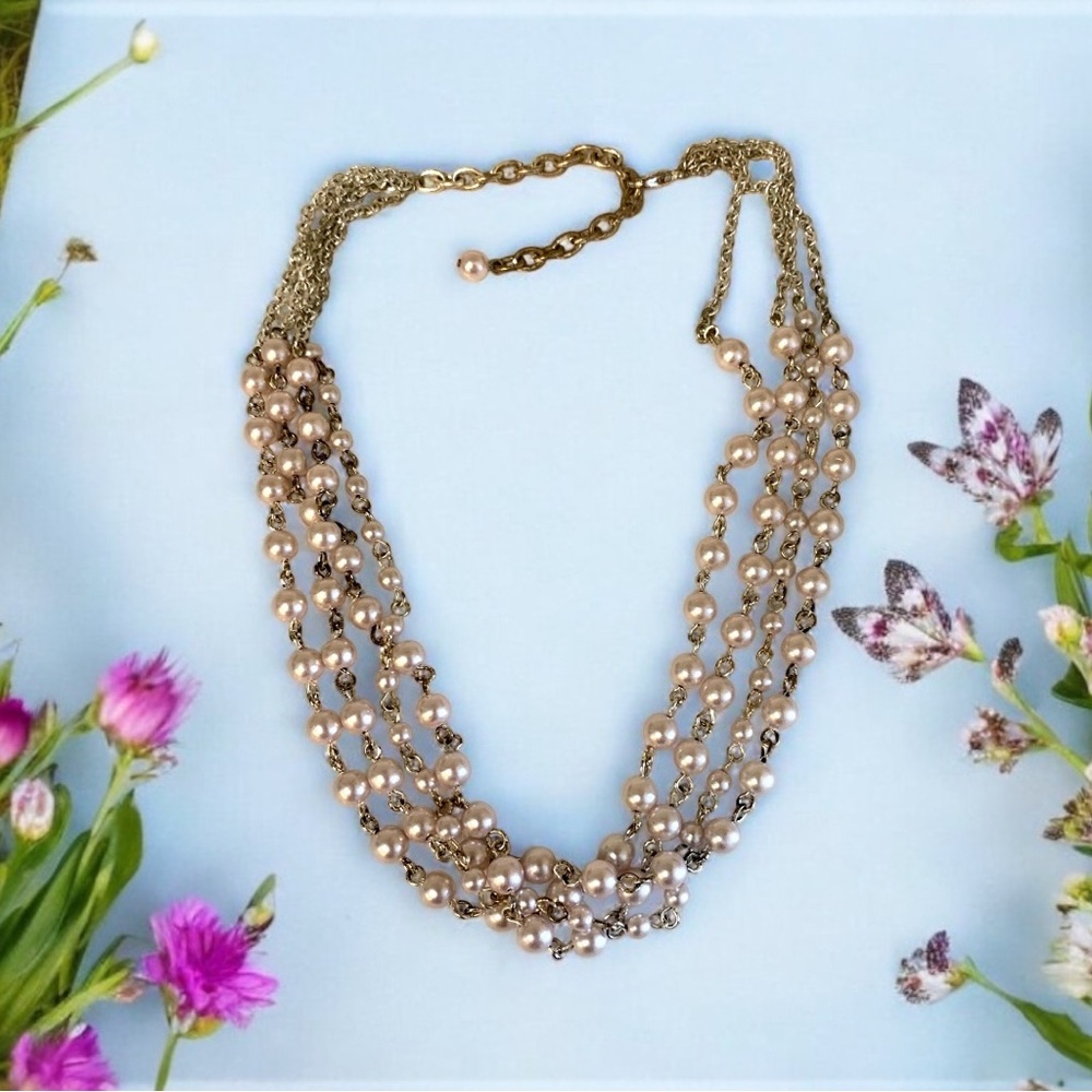 Hand crafted Multi Strand Champagne color pearl necklace